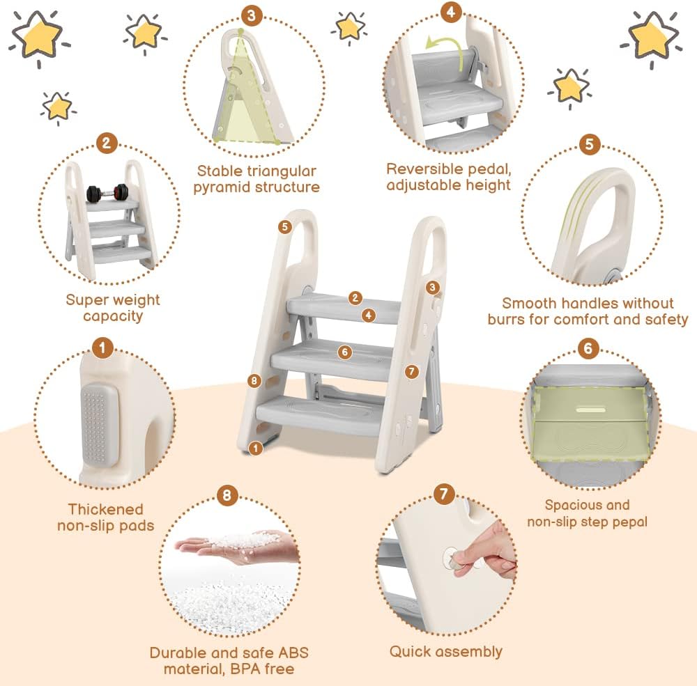 Onasti Foldable Toddler Step Stool for Bathroom Sink, Adjustable 3 Step Stool for Kids Toilet Potty Training Stool with Handles, Child Kitchen Counter Stool Helper, Plastic Ladder for Toddlers Pink