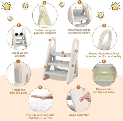 Onasti Foldable Toddler Step Stool for Bathroom Sink, Adjustable 3 Step Stool for Kids Toilet Potty Training Stool with Handles, Child Kitchen Counter Stool Helper, Plastic Ladder for Toddlers Pink