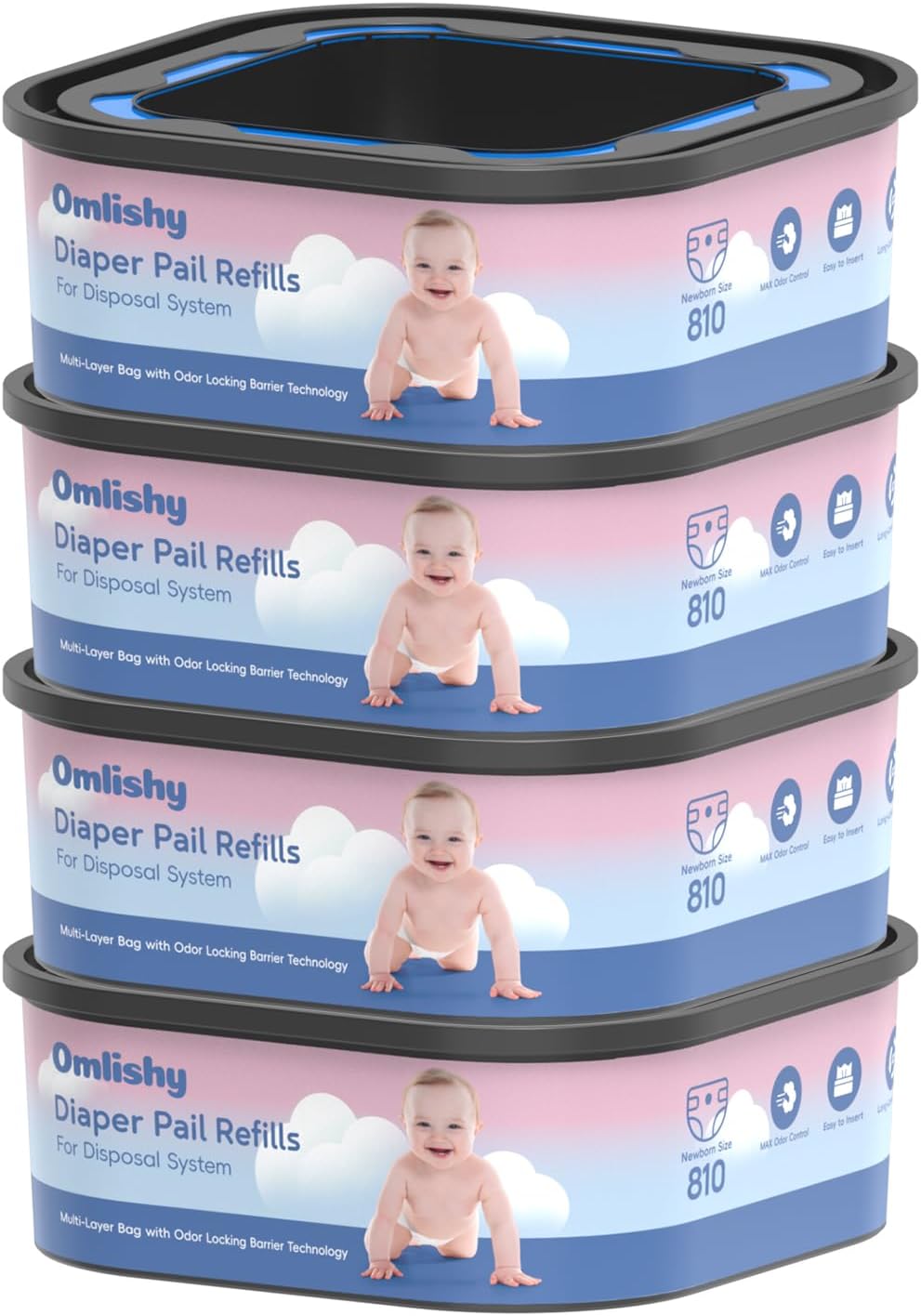 Jumbo Square Bags Refill Compatible with Diaper Genie Compact, Select Pails (Not Fit Classic), Max Odor Control, Disposal Bag Refills, Continuous Film, Holds Up to 810 Newborn Diapers, 4 Pack