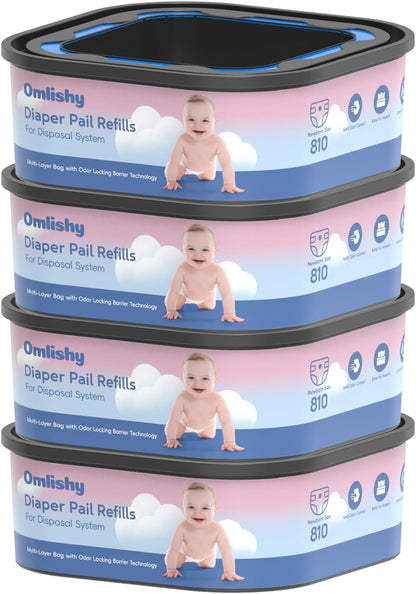Jumbo Square Bags Refill Compatible with Diaper Genie Compact, Select Pails (Not Fit Classic), Max Odor Control, Disposal Bag Refills, Continuous Film, Holds Up to 810 Newborn Diapers, 4 Pack