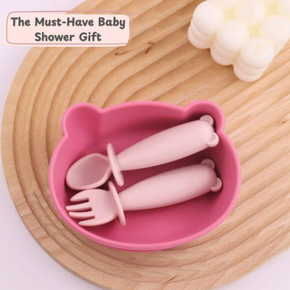 Silicone Bear Shaped Baby Bowl with Suction, Spoon & Fork for Babies 6+ Months, Infant Feeding BLW Baby Essentials Must Haves, BPA Free, Dishwasher Safe (Very Bear)
