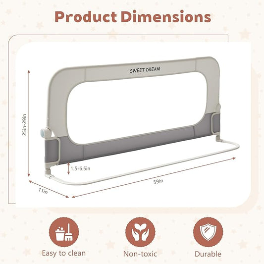 Bed Rail for Toddlers, 59in Folding Toddler Bed Rail Guard with Reinforced Anchor System & Sturdy Metal Frame, Portable Bed Railing for Baby Fits Crib,Twin, Queen & King Bed, Breathable Mesh