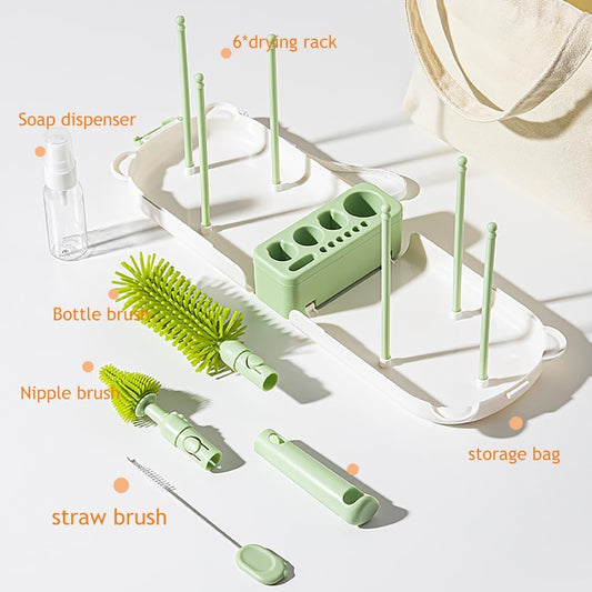 6 In1 Baby Bottle Brush Kit,Portable Silicone Bottle Brush Cleaner Set with Straw Brush,Nipple Brush,Drying Rack,Soap Dispenser,Storage Bag for Travel or Home,Compact&Space-Saving(Pink)
