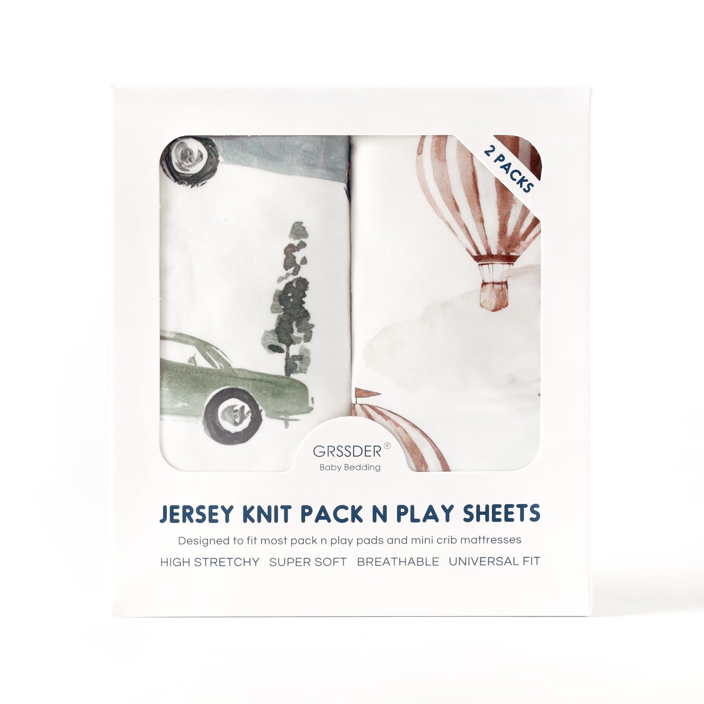 GRSSDER Stretch Ultra Soft Jersey Knit Fitted Pack n Play Playard Sheets Set 2 Pack，Fits Portable/Mini Cribs Sheets, Playards Mattress Pads, Stylish Watercolor Animals for Baby, Mint Green