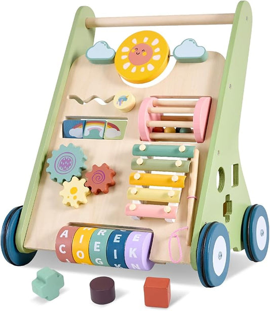 Baby Push Walker, Wooden Baby Walker with Wheels, Montessori Walker for Babies 6-12 Months, Adjustable Speed Push Walking Toys for Boys & Girls 1 Year Old, Christmas Birthday Gifts for Toddler