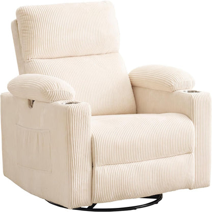 Rocking Chair Nursery with Adjustable Armrest for Breastfeeding, Glider Recliner Nursery Chair with Massage and Heat, Power Swivel Rocker Recliner with Adjustable Headrest, Corduroy, Beige