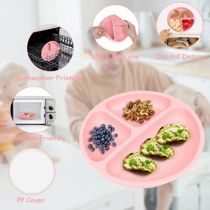 Vicloon Toddler Plates, 3 Pcs Silicone Baby Plates, BPA Free Suction Plates with Lids for Babies and Toddlers, Suction Plate Feature, Divided Plate Design,Toddler Plate Microwave&Dishwasher Safe