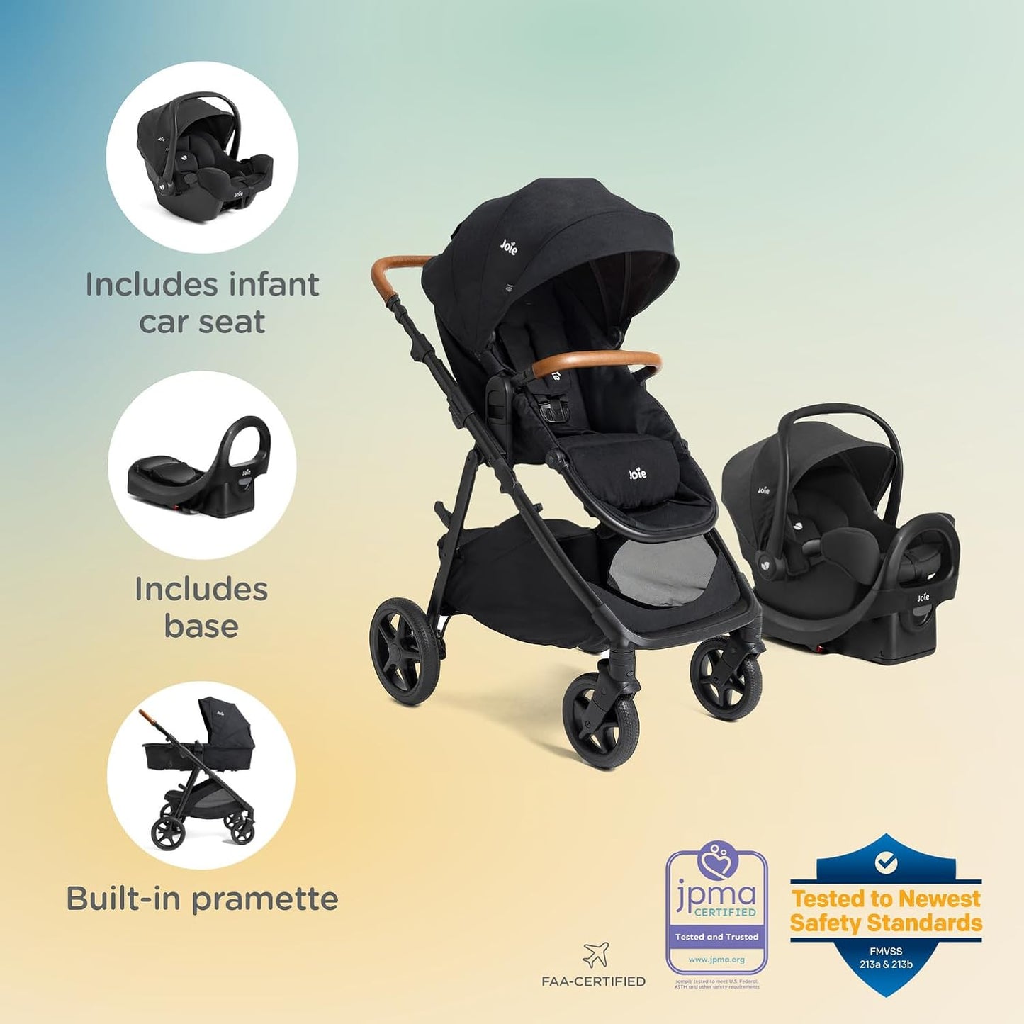 Joie Ginger and Rue Travel System – 4-in-1 Travel System with Lightweight Baby Car Seat and an Included Anti-Rebound Base for Easy Install and Height-Adjustable Stroller (Shale Dark)