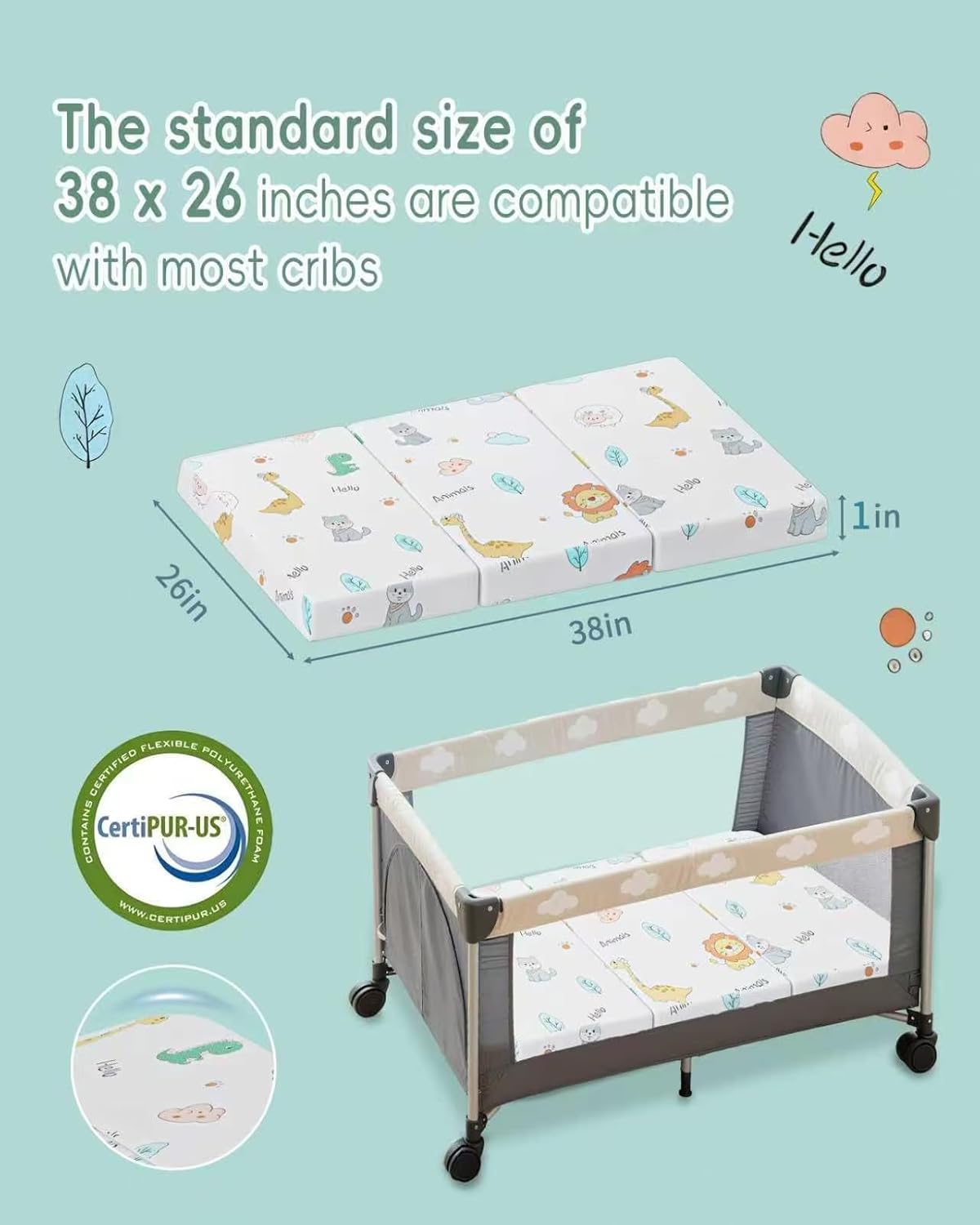 Trifold Pack and Play Mattress 38"x26" Pack N Play Mattresses for Baby Toddler, Portable Mini Crib Mattress for Playpen and Playard with Soft Breathable Waterproof Cover