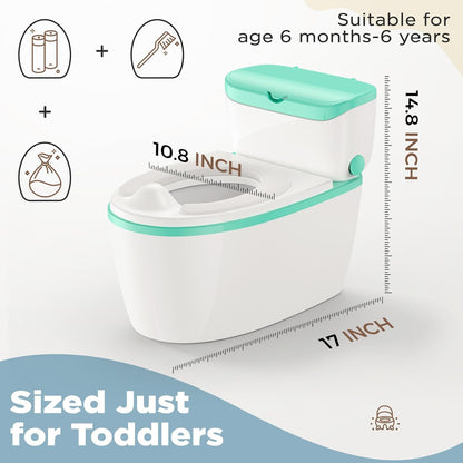 3-in-1 Toddler Potty Training Toilet with Flushing Sound, Wipes Storage & Toilet Paper Holder, Realistic Potty Chair with Detachable Seat and Easy-Clean Design for Boys & Girls Ages 18+ Months (Green)