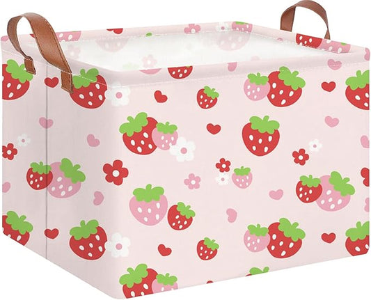 Rectangle Storage Basket with Handles,Collapsible Storage Bin,Books Box,Gift Basket(Strawberry)
