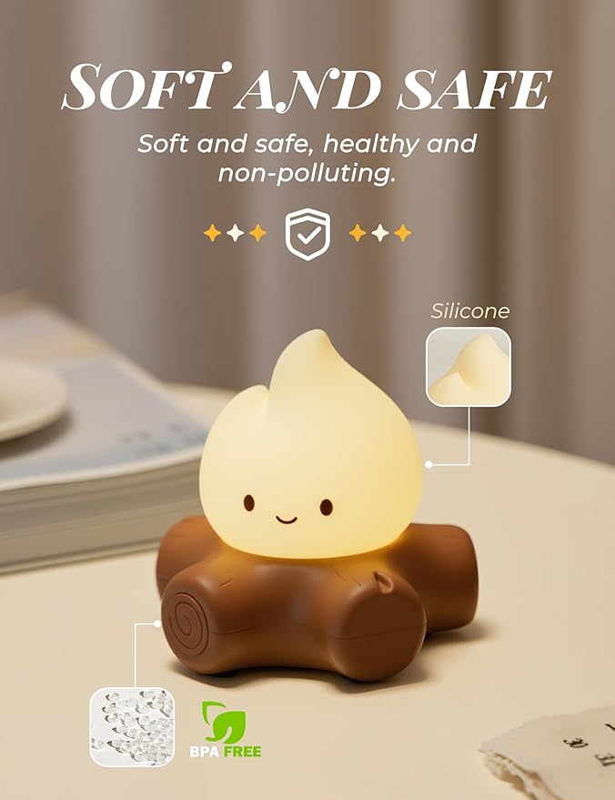 Chibi Campfire Night Light, Silicone, LED Flickering Flame Lights, Dimmable, Rechargeable Bedside Nightlight, Anime Kawaii Lamp Décor