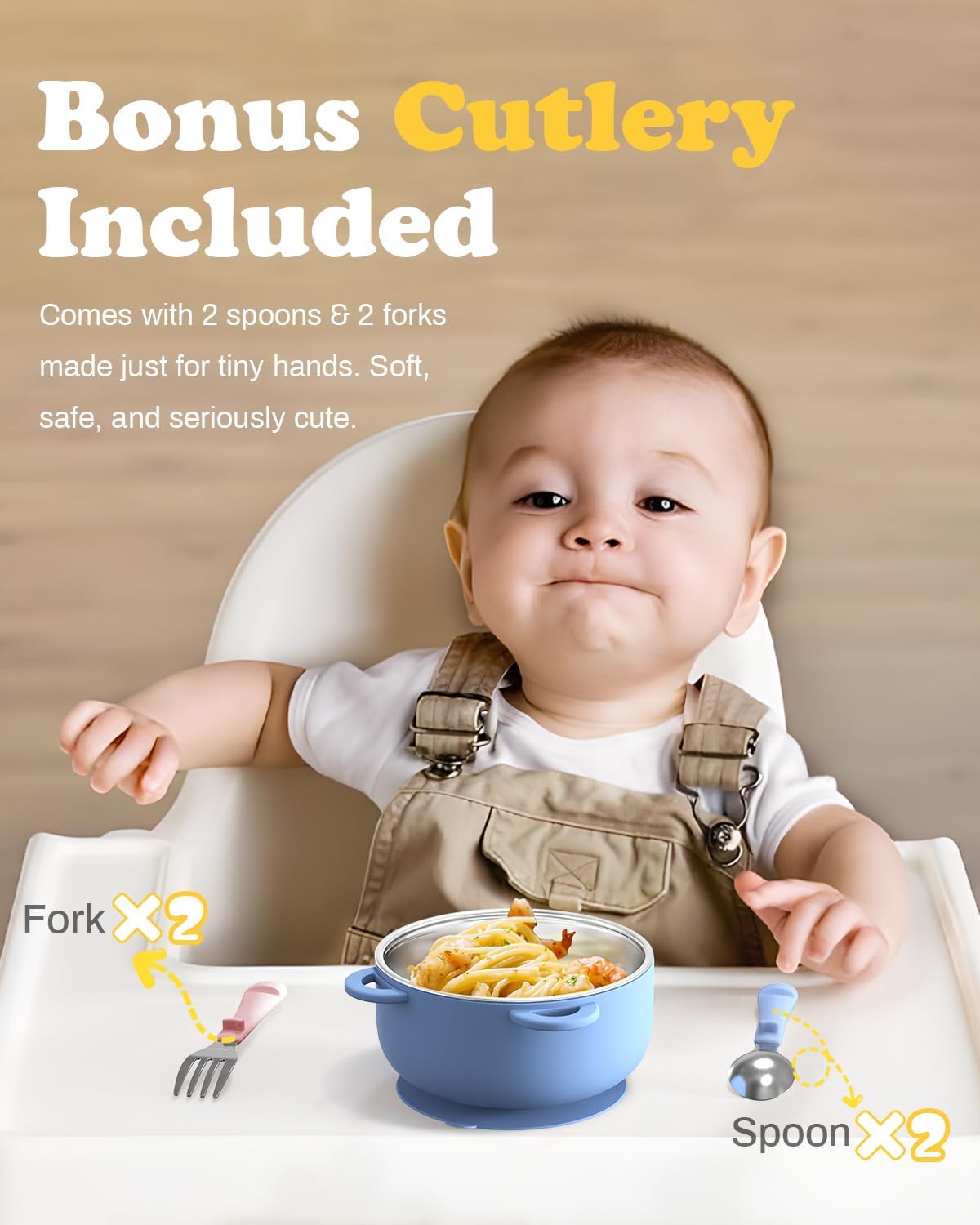 Bakpoco Toddler Bowls with suction & Utensils Set, 2-in-1 Stainless Steel 304 Kids Feeding Bowl & Silicone Suction Baby Bowl with Spoons and Forks, First Self-feeding Training Set, Organic Bloom