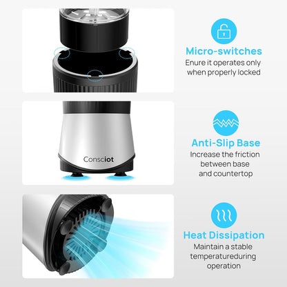 Consciot CB08 11-Piece Blender for Kitchen and Personal Size, Blend Shakes and Smoothies, Frozen Drinks, Baby Food, Spreads & More, 3 Portable To-Go Cups & 2 Spout Lids & 1 Solid Lid, 900 Peak Watts