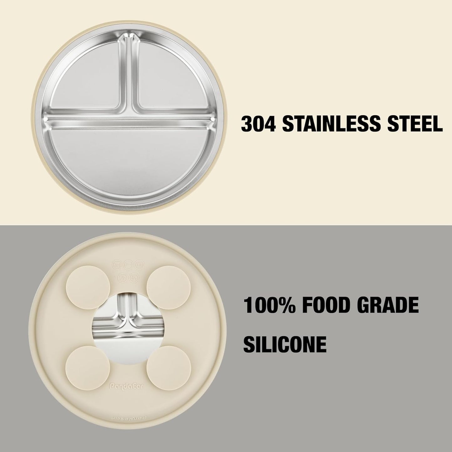 PandaEar 2 Pack Stainless Steel Baby Suction Plates & 2 Pack Spoons and Forks Set, Toddler Utensils Baby Feeding Set, Divided Plates for Baby Led Weaning Supplies, BPA-Free (Tan/Walnut)