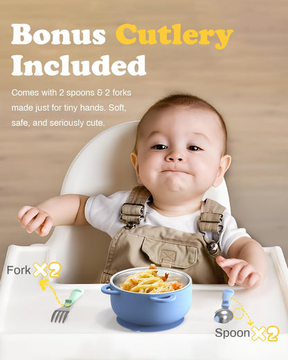 Bakpoco Toddler Bowls with suction & Utensils Set, 2-in-1 Stainless Steel 304 Kids Feeding Bowl & Silicone Suction Baby Bowl with Spoons and Forks, First Self-feeding Training Set, Organic Bloom