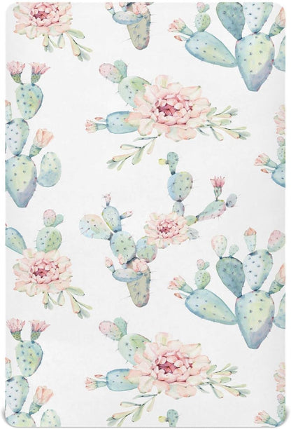 Fitted Crib Sheets Cactus and Floral Stretchy Portable Playard Sheets for Baby Toddler, Breathable Soft Mini Crib Mattress 52 x 28 in for Boys and Girls