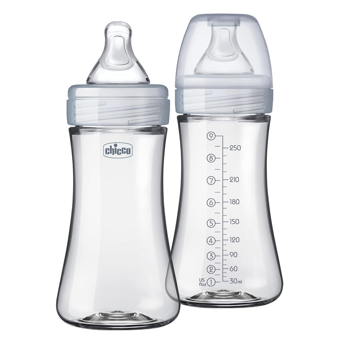 Chicco Duo 9oz Hybrid Baby Bottle, Real Glass Inside, Lightweight Plastic Outside, Patented Invinci-Glass Technology, Intui-Latch Nipple, 2-Pack, Clear/Pink