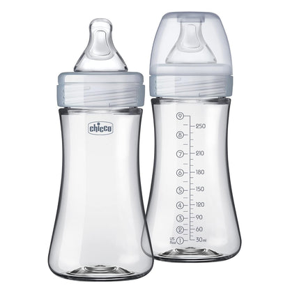 Chicco Duo 9oz Hybrid Baby Bottle, Real Glass Inside, Lightweight Plastic Outside, Patented Invinci-Glass Technology, Intui-Latch Nipple, 2-Pack, Clear/Pink