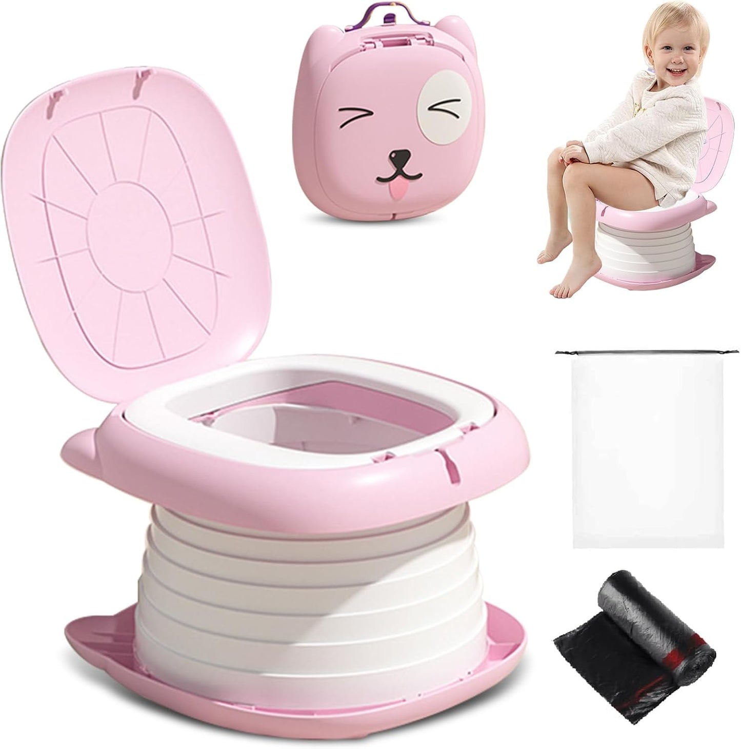 Portable Potty Chair for Toddlers with Splash-Proof Design, Foldable Travel Potty with Bag & 30 Refills - Kids Toilet for Car, Camping, Indoor - Easy Clean Baby Potty Training Seat(Red-blue)