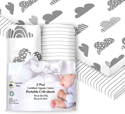 100% Organic Cotton Fitted Sheets for Graco Pack n Play, Babyletto, Pamo Babe, Hiccapop, Dream on Me, Evenflo, Baby Trend, Hygge Hush Portable/Mini Crib/Playards, Beka Bedside Bassinet 2 Pk