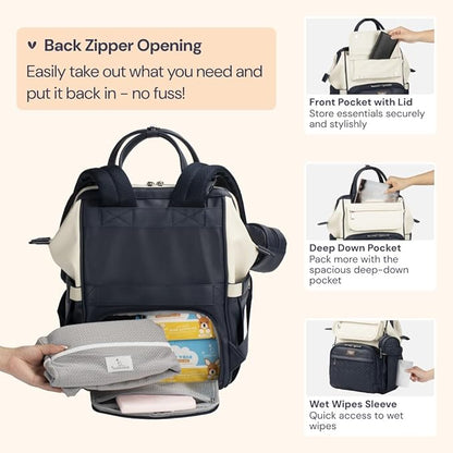 BabbleRoo Leather Diaper Bag Backpack, Multifunction Large Bags with Changing Pad & Stroller Straps Pacifier Case, Unisex Stylish Travel Back Pack Nappy for Moms Dads (Blueberry Cream)