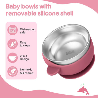 2 Pack Stainless Steel Baby Bowls with Suction, Toddler Bowls with Removable Silicone Shell for Kids, Non-Slip Toddler Baby Feeding Set Dishwasher Safe-Gray & Blue