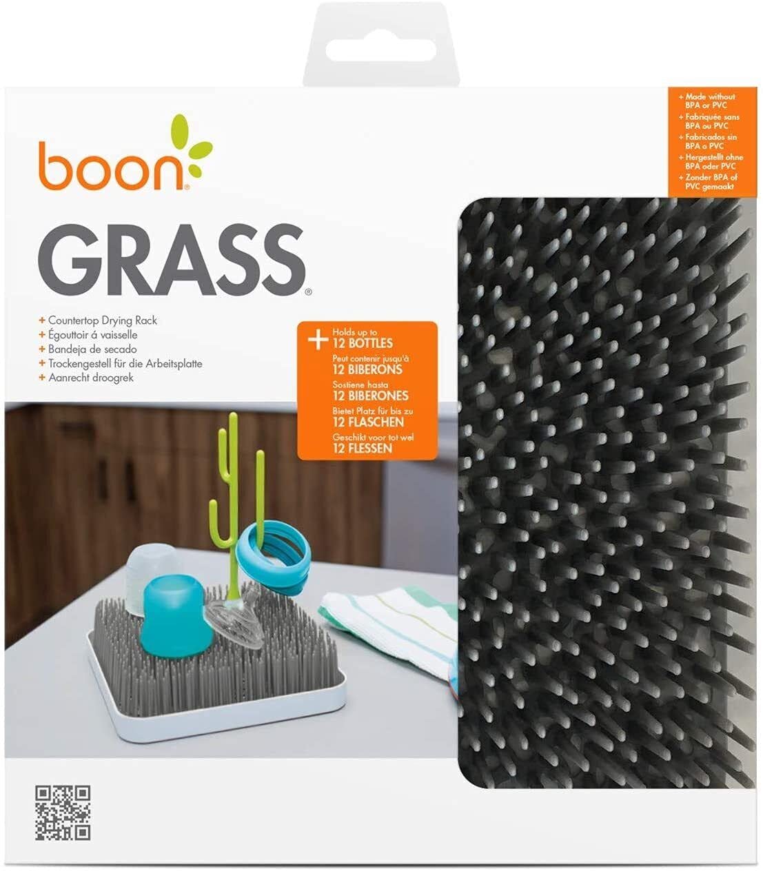 Boon Grass Plastic Drying Rack - Modern Countertop Baby Bottle Organizer - 9.75 x 9.88 x 3.0 inches - Gray