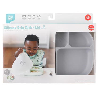 Bumkins Toddler and Baby Suction Plate, Divided Grip Dish for Babies and Kids, Baby Led Weaning, Feeding Supplies, Sticks to Tables and Highchairs, Platinum Silicone, for Chidren 6 Months, Gray
