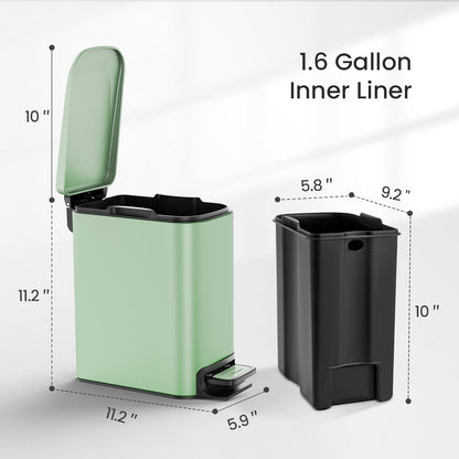 Cesun Small Bathroom Trash Can with Lid Soft Close, Step Pedal, 6 Liter / 1.6 Gallon Stainless Steel Slim Garbage Can for Bedroom, Diaper Waste Basket with Removable Inner Bucket (White)