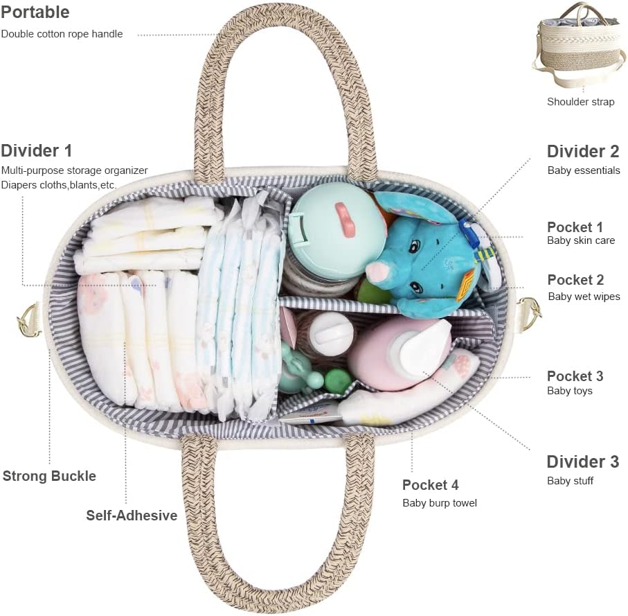 Baby Diaper Caddy Organizer, Portable Nursery Storage Basket with Changeable Compartments, 100% Cotton Woven Rope Baskets, Car & Changing Table Tote, Newborn Gift