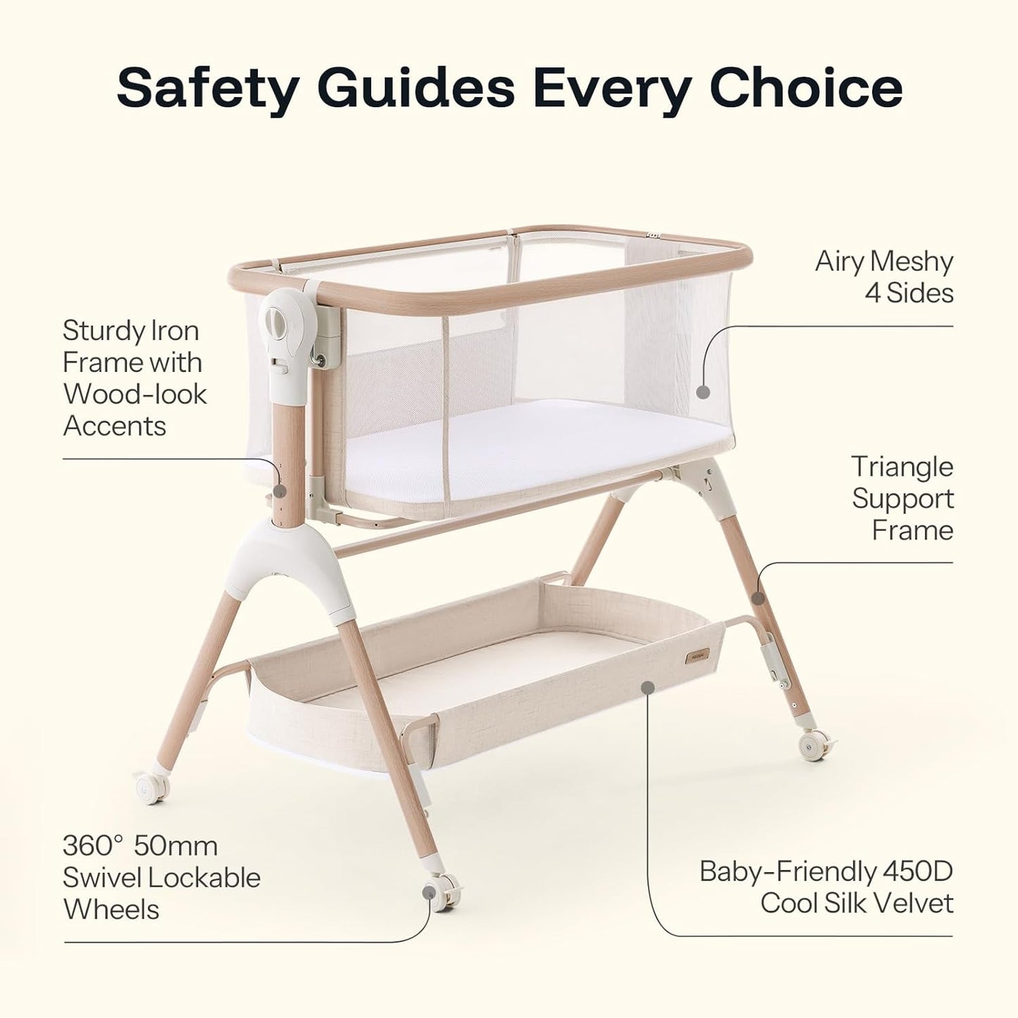 HARPPA Cuddly Signature Baby Bassinet with Mattress, 3 in 1 Bedside Sleeper & Rocking Cradle, Breathable Mesh, 5 Height Adjustable, Newborn 0–5 Months, Wood Grain