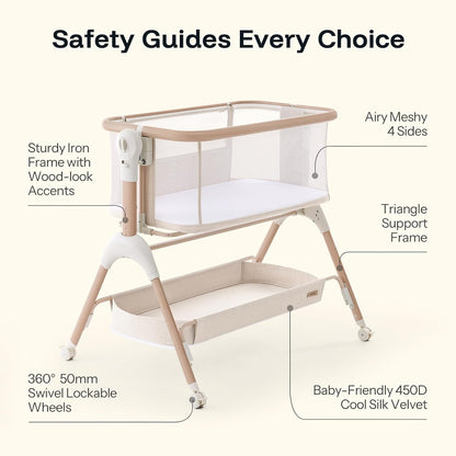 HARPPA Cuddly Signature Baby Bassinet with Mattress, 3 in 1 Bedside Sleeper & Rocking Cradle, Breathable Mesh, 5 Height Adjustable, Newborn 0–5 Months, Wood Grain