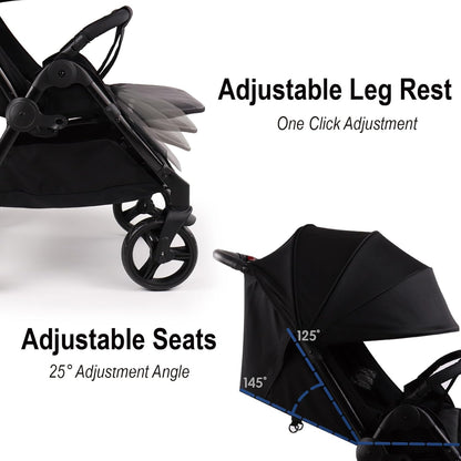 Lvvbaby Double Stroller with Adjustable Large Canopies, Double Seats Lightweight Stroller for Twins,Compact Fold,One-Handed Fold,Reclining Seats,Silent Wheel,5-Point Harness and Big Storage Basket