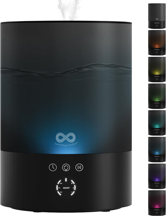 Everlasting Comfort 2.5L Top Fill Humidifier for Bedroom – Quiet, Easy to Fill & Clean, 24HR Runtime, Night Lights, Timer, Ultrasonic Cool Mist, Auto Shut-Off, Essential Oil Diffuser - White