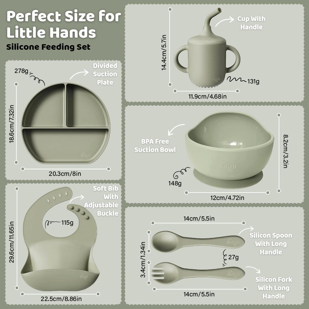 6-Piece Silicone Baby Feeding Set Non-Slip Suction Plate, Bowl, Spoon, Fork, Cup, Bib. BPA-Free, Dishwasher & Microwave Safe for Babies & Toddlers