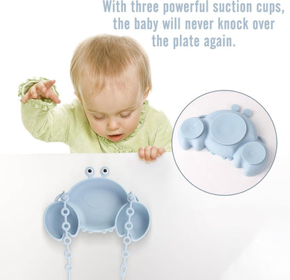 Silicone Baby Feeding Set, 8-Piece Baby Led Weaning Supplies Included Toddler Suction Plate, Bowl, Cup, 3 Spoons & 2 Safety Straps Keep Spoon, Fork & Bottle Off The Floor for Self-Feeding (Blue)