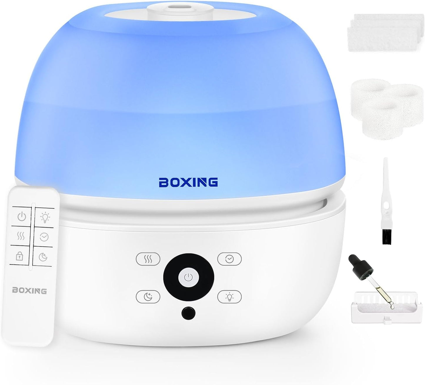 BOXING 3L Cool Mist Humidifier, Ultra Quiet 20dB for Bedroom, Baby & Office, Top Fill Air Humidifier for Home Office & Indoor Plants, 30H Runtime, Essential Oil Tray, Night Light, BPA-Free, White