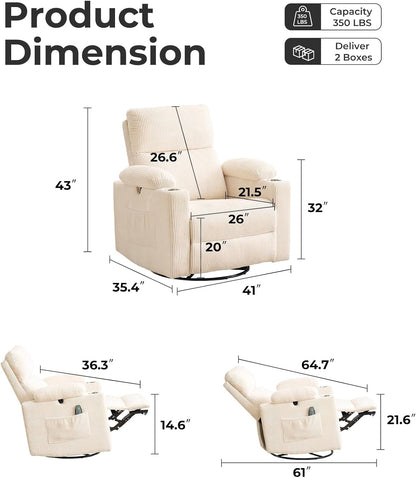 Rocking Chair Nursery with Adjustable Armrests, Electric Glider Recliner Nursing Chair for Breastfeeding, Power Swivel Recliner Chairs with Massage and Heat, Adjustable Headrest , FSC Certified, White