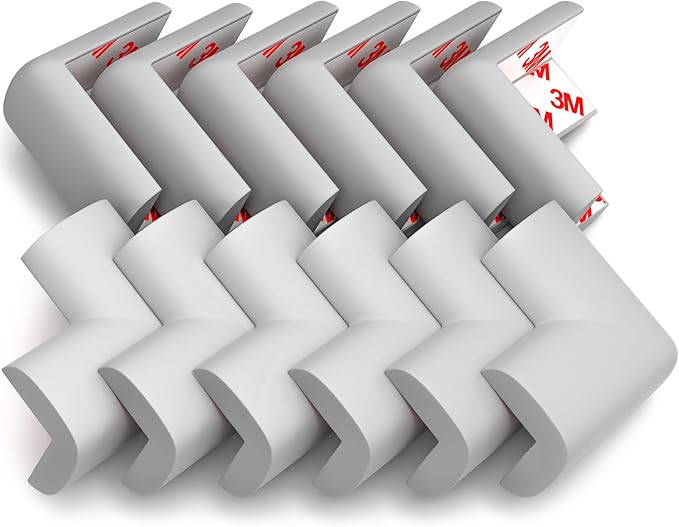 12-Pack Baby Proofing Corner Protectors, Furniture Corner and Edge Safety Bumpers, Soft Rubber Foam Cushion Covers, 3M Taped Corner Guards, Baby Child Proofing Pads for Tables & Furniture, Gray