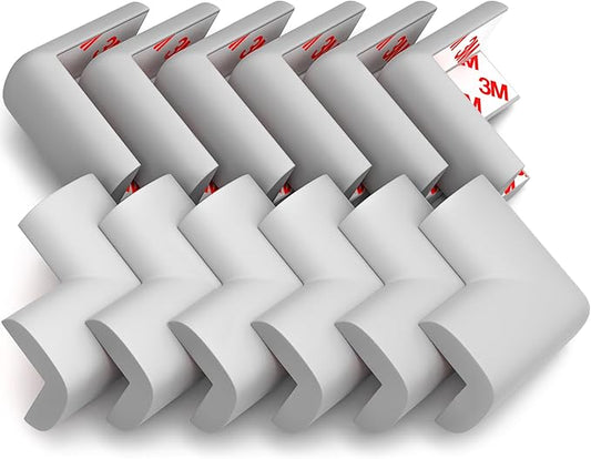 12-Pack Baby Proofing Corner Protectors, Furniture Corner and Edge Safety Bumpers, Soft Rubber Foam Cushion Covers, 3M Taped Corner Guards, Baby Child Proofing Pads for Tables & Furniture, Gray