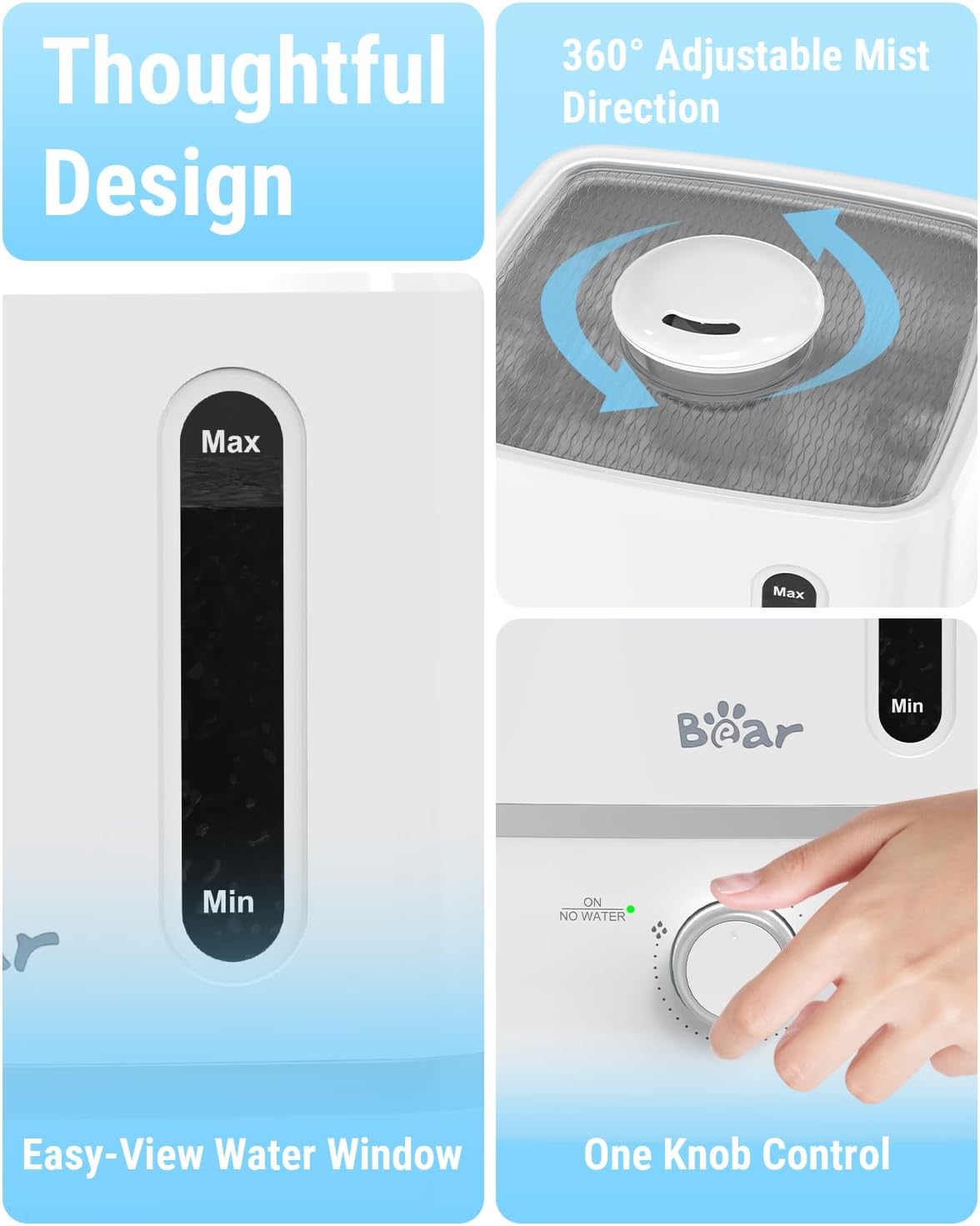 Bear Humidifiers for Bedroom, 2.5L Cool Mist Humidifiers and Oil Diffuser, Quiet Rapid humidifiers for Home Whole House, with Adjustable Mist Output and Auto Shut-off, White