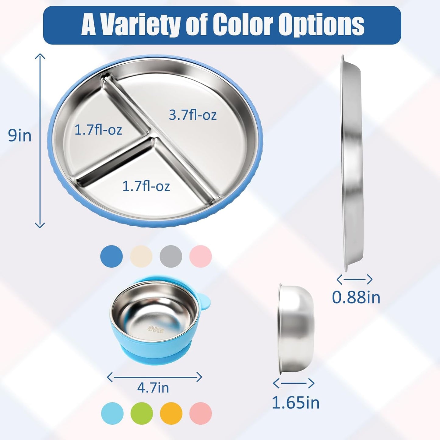 MISSLILI Stainless Steel Baby Plate and Bowls with Suction, Divided Kids Baby Plate and Toddler Bowl with Removable Silicone Suction, Non-Slip Baby Feeding Set Dishwasher Safe，4 Packs