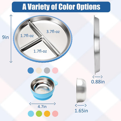 MISSLILI Stainless Steel Baby Plate and Bowls with Suction, Divided Kids Baby Plate and Toddler Bowl with Removable Silicone Suction, Non-Slip Baby Feeding Set Dishwasher Safe，4 Packs