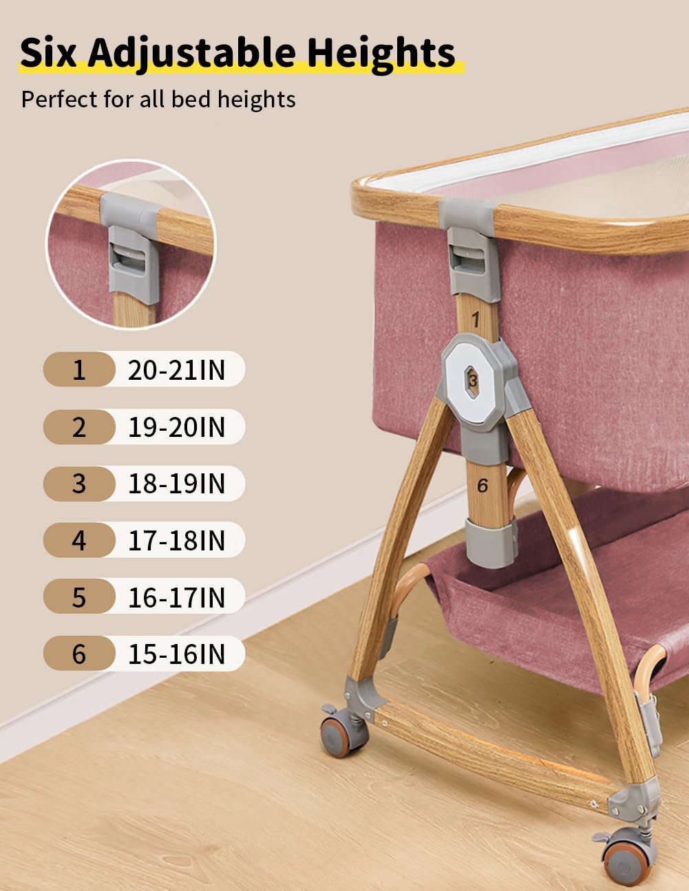 Baby Bassinet, Bedside Bassinet for Baby, 4 in 1 Portable Bassinet Bedside Sleeper with Wheels Mosquito Net & Storage Basket, 6 Height Adjustable Rocking Bassinet for Newborn Baby