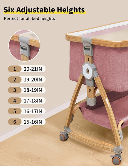 Baby Bassinet, Bedside Bassinet for Baby, 4 in 1 Portable Bassinet Bedside Sleeper with Wheels Mosquito Net & Storage Basket, 6 Height Adjustable Rocking Bassinet for Newborn Baby