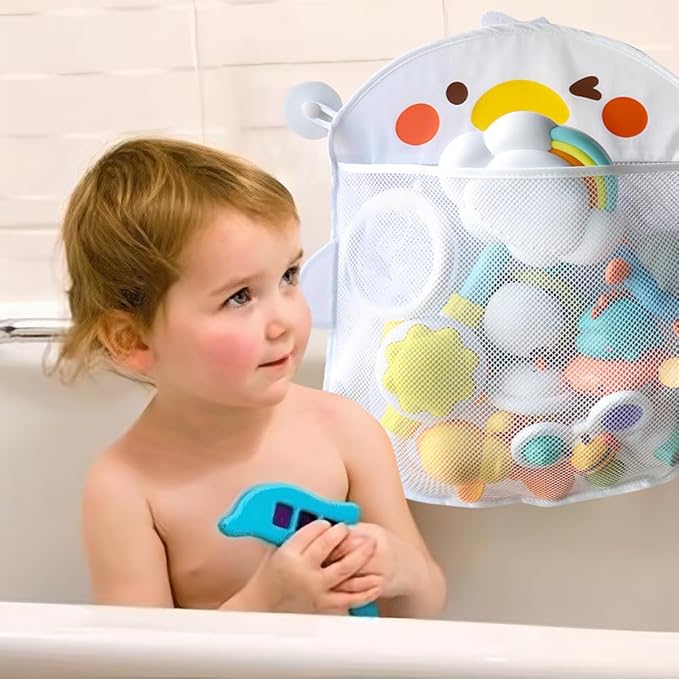 EMVANV Mesh Bath Toy Organizer，Wth 2 Suction Cups Hanging Mesh Bathtub Toy Holder for Kids and Baby Compatible with Bath Toy Storage(White)