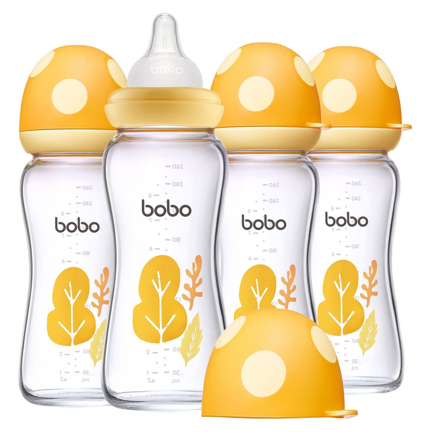 YOHKOH Natural Glass Baby Bottle with Level 1 Slow Flow Nipple, Newborn Anti-Colic Baby Bottles, Wide Neck Mushroom Baby Glass Bottle (Multicolour-A, 3.4oz (Pack of 4))