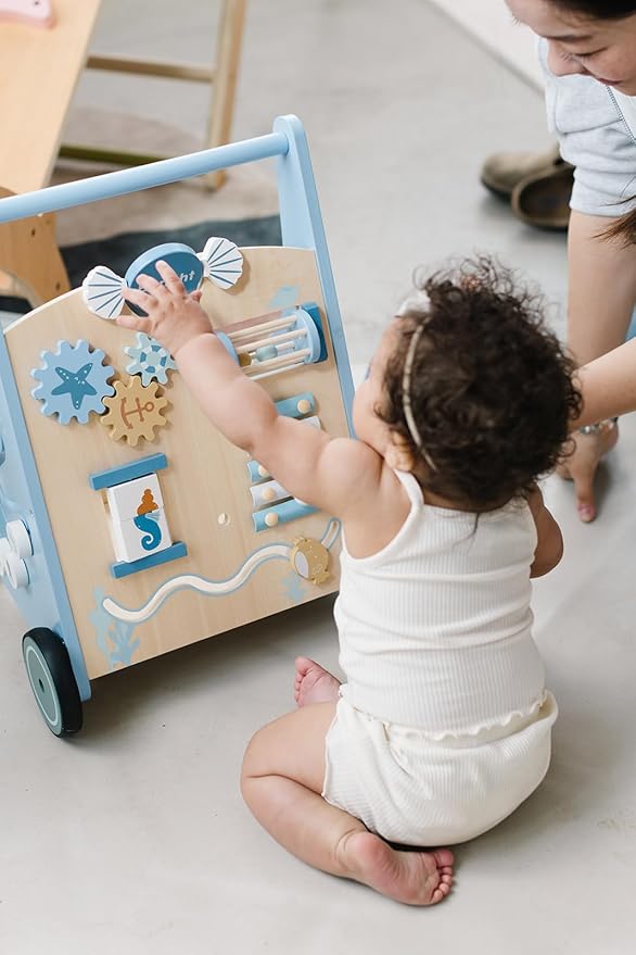 Beright Wooden Baby Walker Push and Pull Learning Activity Walker with Wheels Montessori Walker Toy Multiple Activities Center Develops Motor Skills & Stimulates Creativity (Blue)