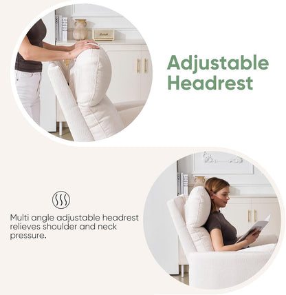 Oversized Swivel Rocker Recliner Chair with Heat and Massage, Rocking Chair with Adjustable Headrest, Manual Recliner, Glider Recliner with 2 Pillows, Chenille White